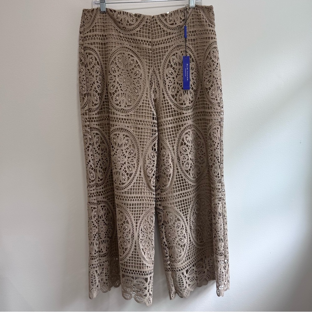 Elie Tahari Women's Lace Palazzo Wide Leg Ankle Pant, Crochet Brown NWT Size 12